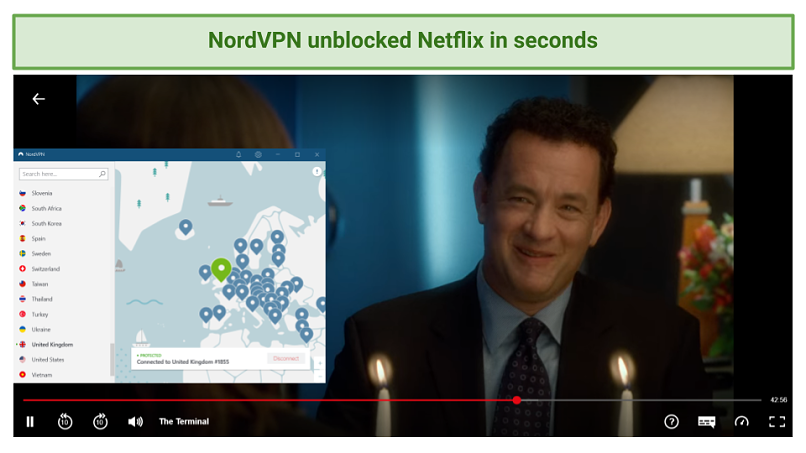  عکس صفحه نمایش پخش Netflix در ترمینال پس از اتصال به سرور NordVPN در انگلیس 