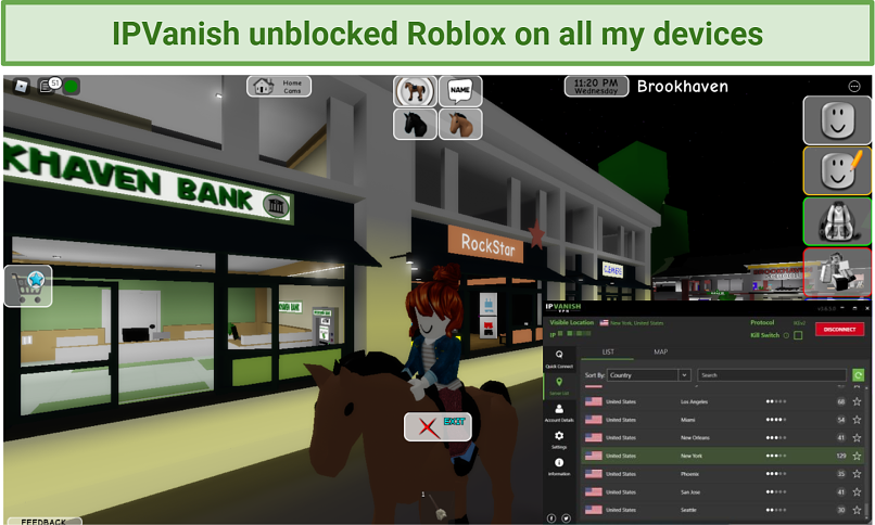  عکس صفحه نشان می دهد که Roblox پس از اتصال به سرور IPVanish ایالات متحده انسداد ندارد 