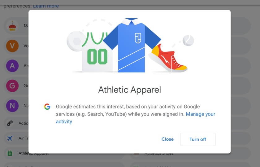 کادر تنظیمات آگهی گوگل برای پوشاک ورزشی نمایش برخی از لباس و تبلیغات اطلاعات. 