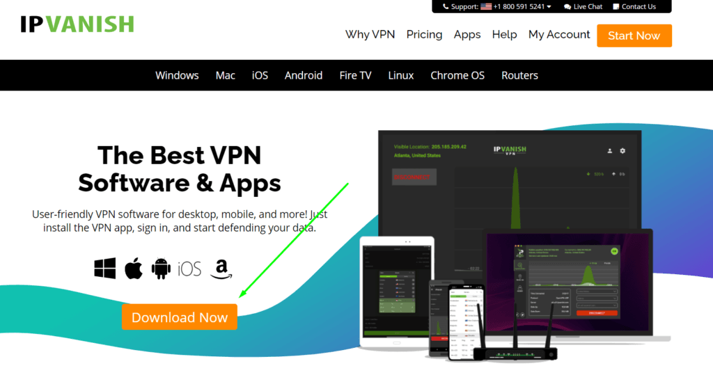  تصویر صفحه VPN Download and App Setup یک دکمه بارگیری ، گروهی از دستگاه های دارای رابط برنامه و سازگاری سیستم عامل برای Windows ، Apple ، Android را نشان می دهد ، iOS ، آمازون 