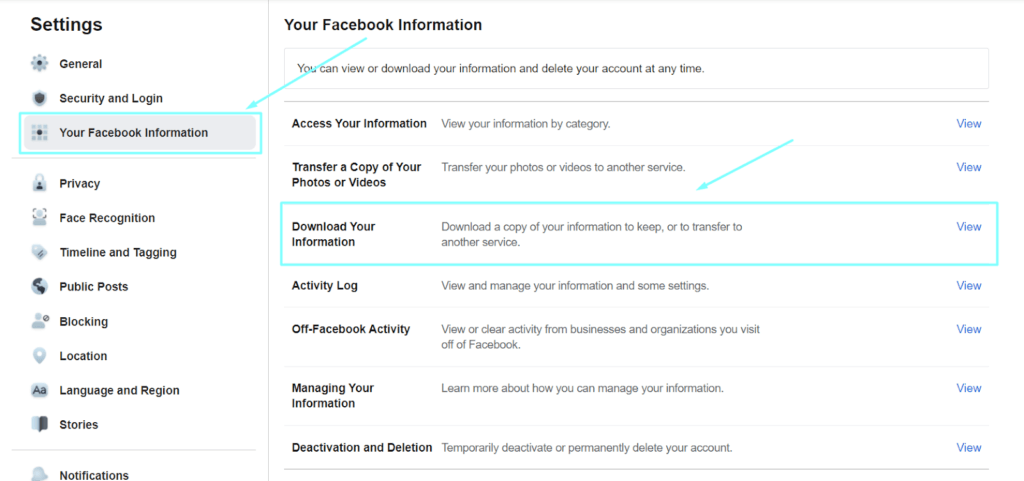  یک عکس صفحه از تنظیمات نمایه فیس بوک با فلش های آبی که نحوه بارگیری را برجسته می کند data ، اینترنت ناشناس 